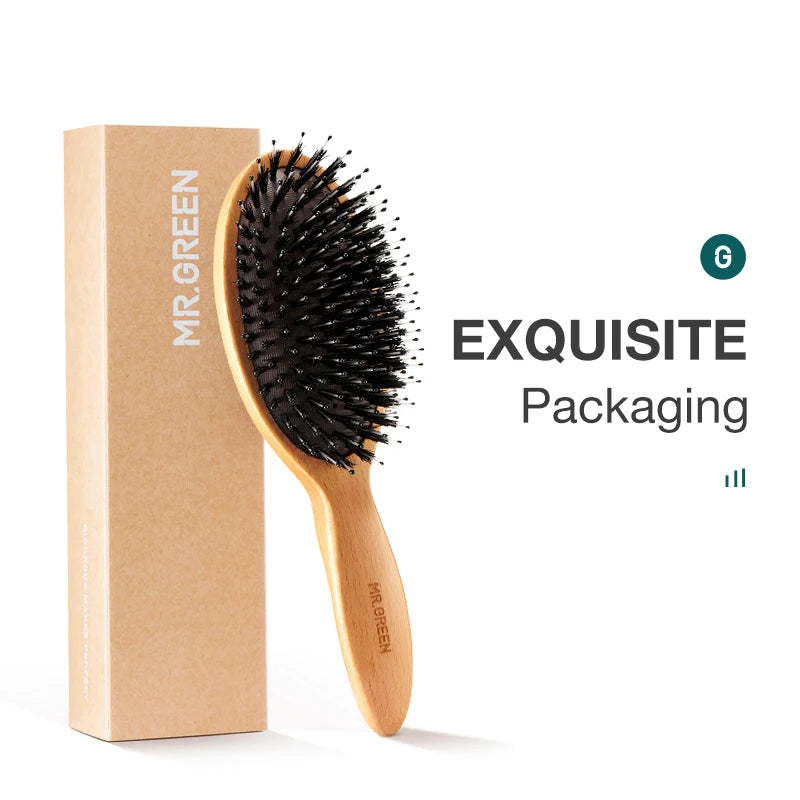 MR.GREEN Boar Bristle Hair Brush Natural Beech Comb Hairbrush for Curly Thick Long Dry Wet Hair Detangler Massage Brushes Women