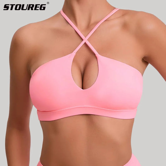 STOUREG Sexy Beautiful Back Sports Bra for Women Gym  Yoga Bra Cross Back Running Sports Top Breathable Fitness Paded Sportswear