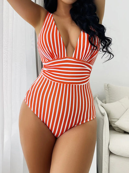 2025 Striped One Piece Swimsuit Sexy Swimwear Women V-neck Bathing Swimming Suit Female Summer Beachwear Bodysuit